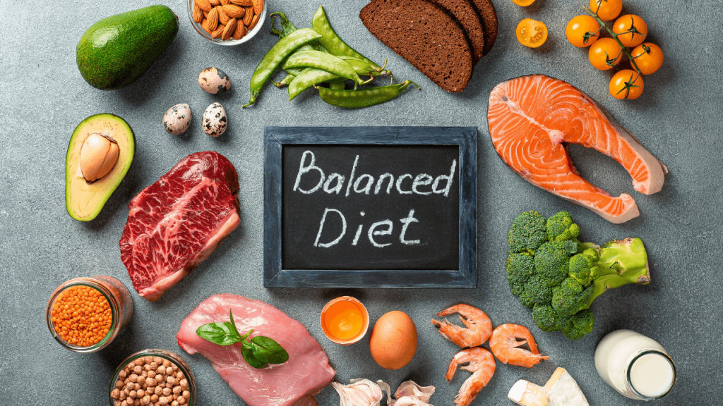 Various ingredients surrounding a board that says balanced diet