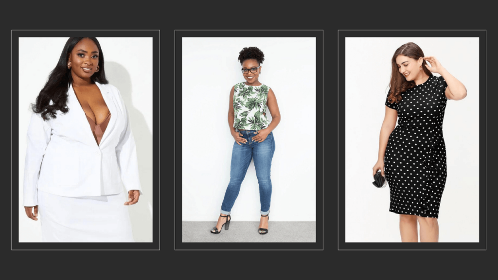 A collage of fashion styles for work for short curvy women