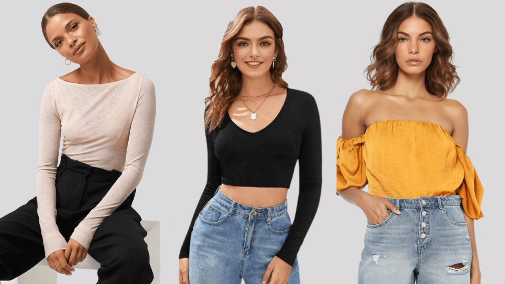 Collage of women wearing different types of tops